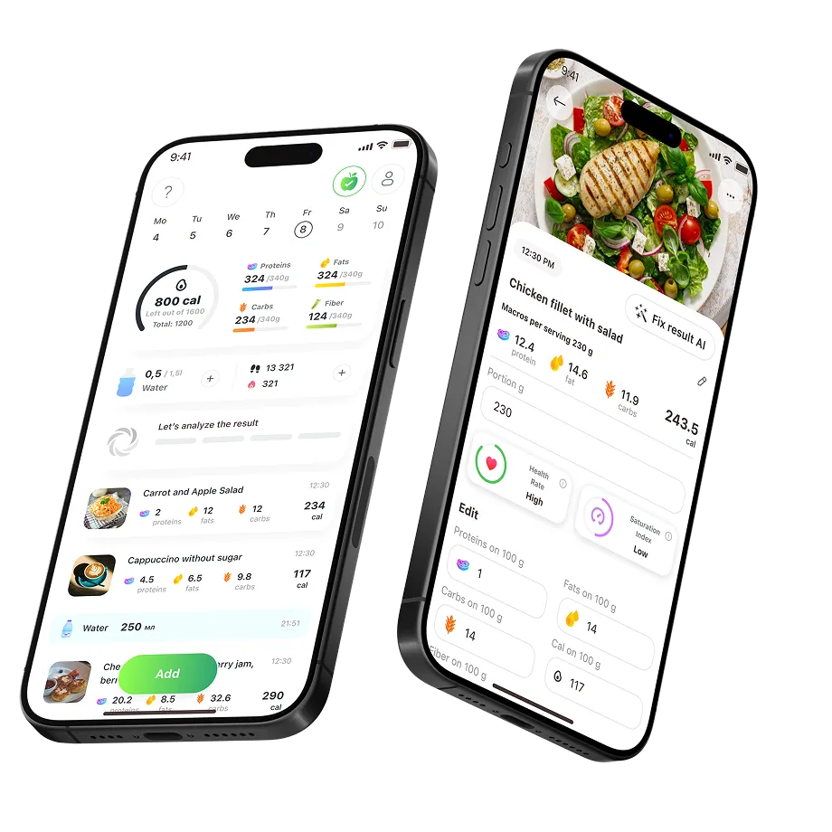 SnapDiet app on iPhone showing the calories and macros detected from a photo of a meal